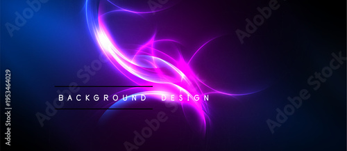 Abstract design features vibrant purple, blue energy flows. Dark background enhances glowing effect. Text reads background design.