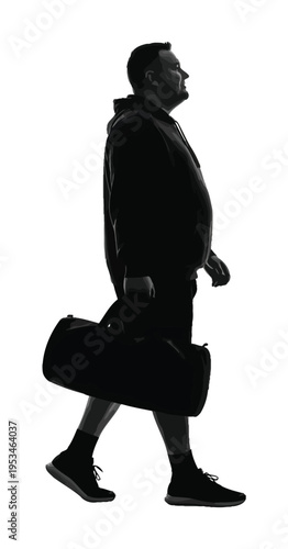 Vector silhouette of a man carrying a large duffle bag walking confidently in casual athletic clothing