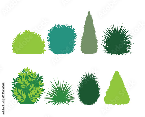 Vector showcasing diverse shapes and types of green shrubs and trees arranged neatly in a grid.