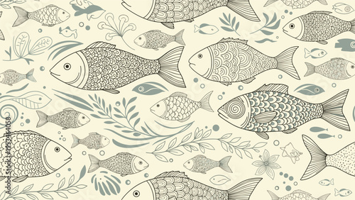 Seamless pattern with hand drawn stylized fish featuring intricate scales and decorative aquatic plants in a soft vintage color palette.