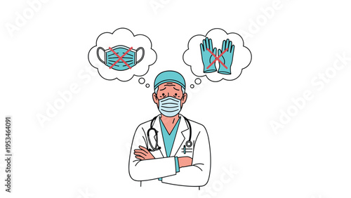 Concerned male doctor wearing a surgical mask and white coat thinking about the shortage of protective masks and medical gloves.