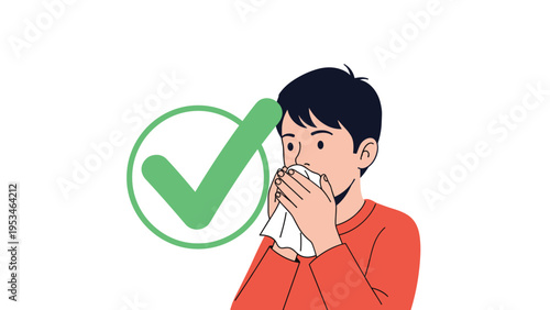 Young boy in a red shirt properly blowing his nose with a tissue next to a large green check mark symbol for hygiene.
