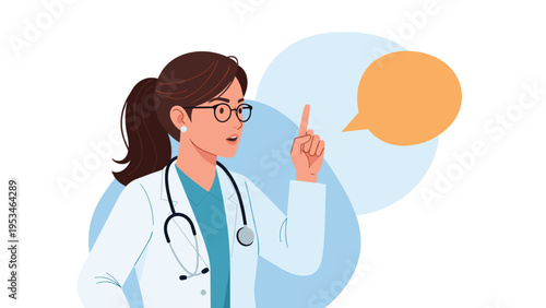 Female doctor wearing a white coat and glasses pointing upwards with a blank orange speech bubble for medical advice or information.