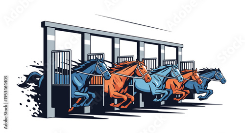 Starting gate opening with racehorses bursting forward at Kentucky Derby 2026, dynamic horse racing moment, flat vector illustration of speed and competition