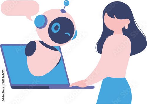 Woman interacting with a winking robot on a laptop screen
