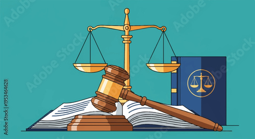 Law book and justice scale with gavel on desk in courtroom setting for legal advice