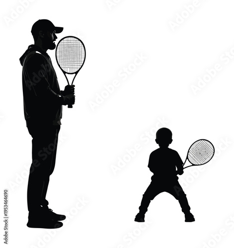 Vector silhouette of a father and son holding tennis rackets standing together and ready to play