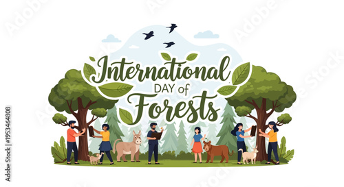 Illustration of people, animals, and trees celebrating International Day of Forests with a design promoting forest conservation and environmental protection.