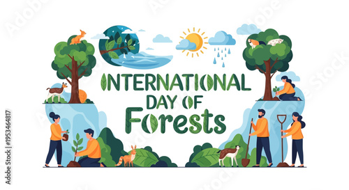 Illustration of people engaging in forest conservation activities on International Day of Forests with a colorful design promoting environmental protection and sustainability.