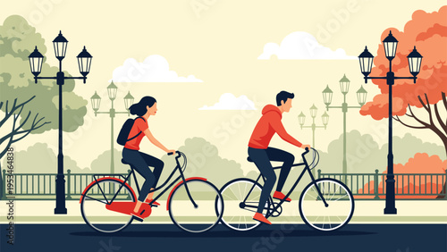 Young man and woman riding bicycles together on a road in a scenic park with trees, lamp posts, and white clouds in the sky.