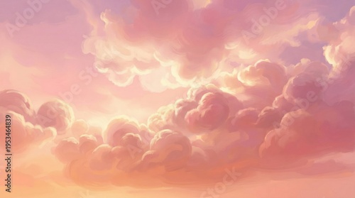 Digital art illustration of fluffy pink cumulus clouds at sunset with warm golden light highlights and painterly texture