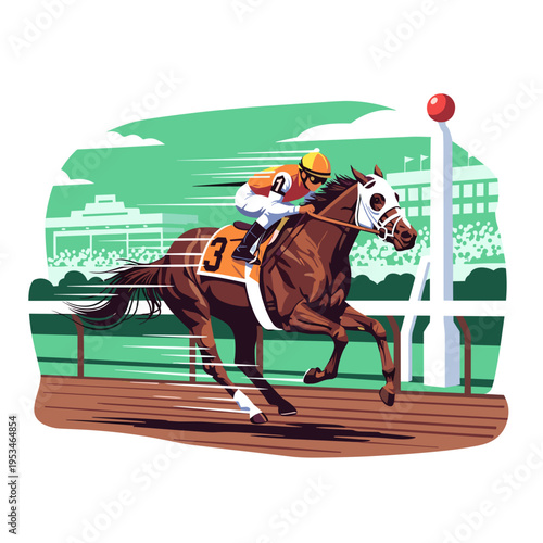 Thoroughbred racehorse galloping at Churchill Downs during Kentucky Derby 2026, jockey in racing silks, iconic track scene in flat vector illustration style