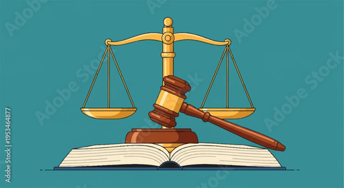 Law and justice concept with gavel scales and open book on teal background