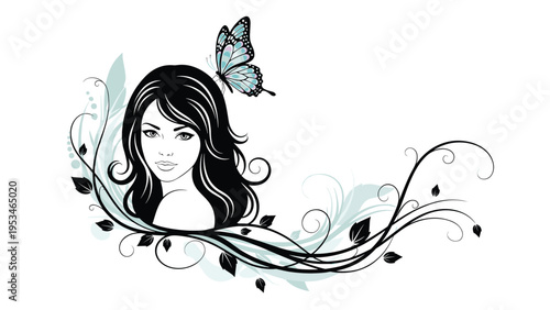 Artistic silhouette of a woman's face with long black hair adorned with a blue butterfly and elegant swirling floral vine ornaments.