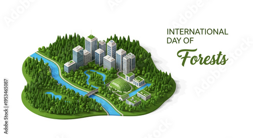 Isometric illustration of a forest ecosystem concept with cityscape and river, promoting environmental forest protection and sustainable forest management on International Day of Forests.