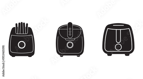 Black and white illustration of three different toaster designs  kitchen appliances  isolated on white background