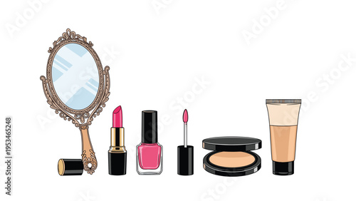 Vector illustration of various cosmetic beauty items including a vintage hand mirror, lipstick, nail polish, and foundation.