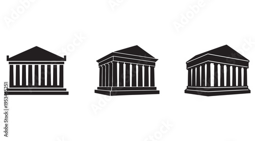Black and white illustrations of ancient greek or roman building facades with columns and triangular roofs in different angles  architectural elements