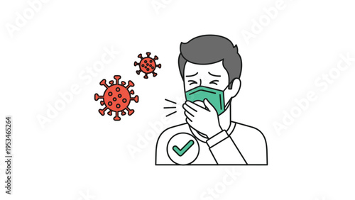 Sick man wearing a green surgical mask coughing while microscopic red coronavirus cells float nearby to illustrate disease spread.