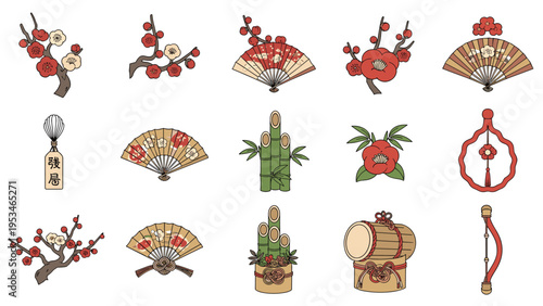 Large collection of traditional Japanese New Year symbols including plum blossoms, folding fans, bamboo, and lucky charms.