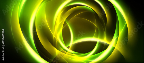Bright neon circles overlap, creating dynamic light effect. Dark background emphasizes glowing curves, abstract design.
