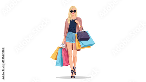 Stylish blonde woman wearing sunglasses and casual summer clothes carrying multiple colorful shopping bags on a white background.