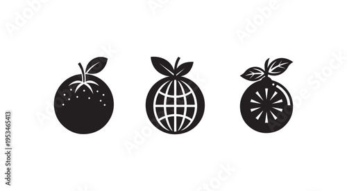 Black and white illustrations of three apples with different patterns isolated on white background