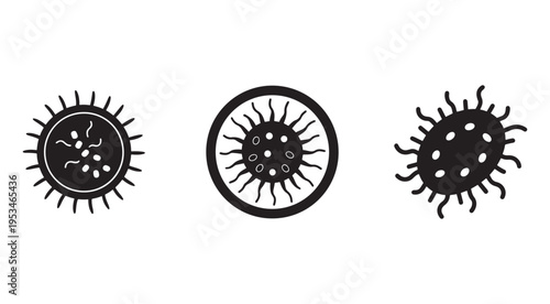 Black and white illustrations of virus cells with spikes and membranes on white background  scientific medical concept