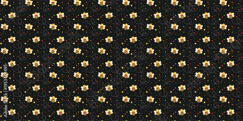 Cute bee seamless pattern with flying bees and hearts on black. Honeybee pattern
