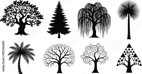 Set of Isolated Black Tree Silhouettes Including Oak Pine Willow Palm and Stylized Abstract Geometric Trees for Nature Graphic Design Projects