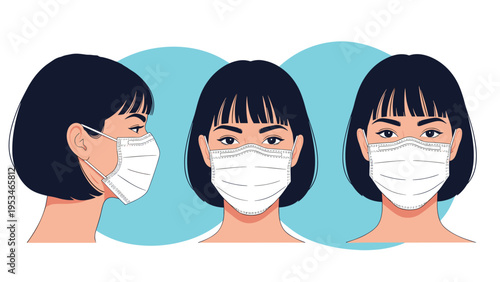Three views of a woman wearing a white surgical mask showing front and side profiles for health and safety instructional purposes.