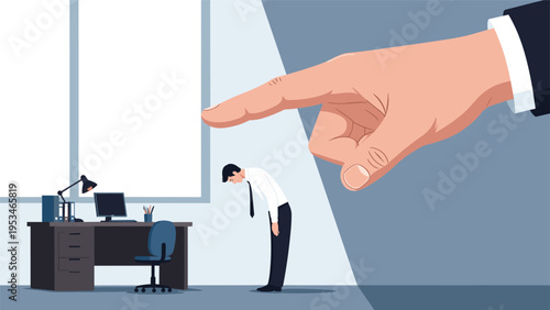 Metaphorical illustration of a giant finger pointing at a bowing businessman in an office setting representing pressure and criticism.