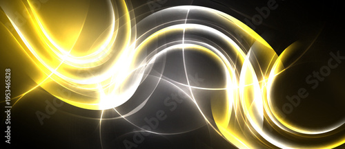 Bright yellow, white lines swirl against dark background. Abstract energy flows create dynamic visual impact. Smooth curves suggest movement.
