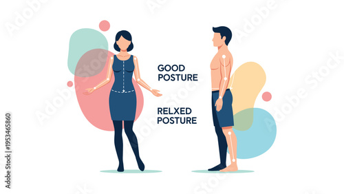 Educational diagram showing good posture and relaxed posture for a man and a woman using skeletal alignment points.