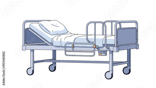 Illustration of an empty adjustable hospital bed with metal side rails and a white pillow on a plain isolated white background.