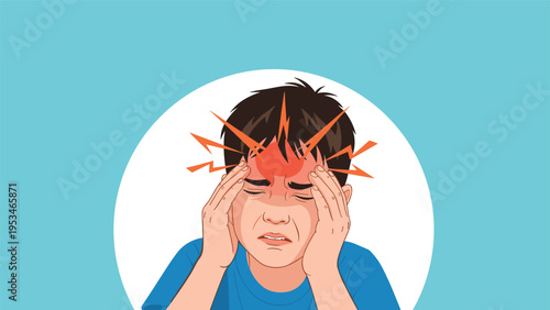 Young boy suffering from a severe headache with red zigzag lightning symbols over his head to indicate intense physical pain.
