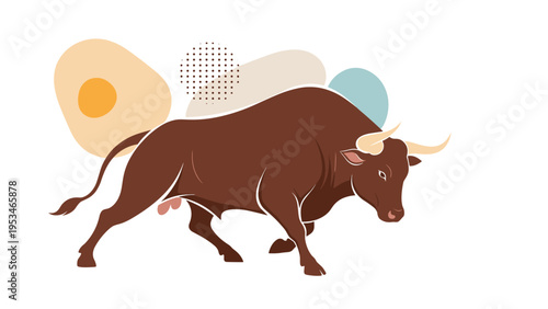 Powerful brown bull in a charging stance against a minimalist white background with soft abstract pastel shapes and dots design.