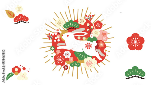 White rabbit jumping through a circular wreath made of traditional Japanese flowers and auspicious luck symbols for new year.