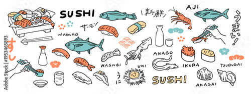 寿司、魚、寿司ネタ、和風のあしらいや手書き日本語文字などの手書きベクターイラスト素材セット A set of hand-drawn vector illustration assets featuring Japanese sushi, fish, traditional Japanese decorations, and handwritten Japanese characters.