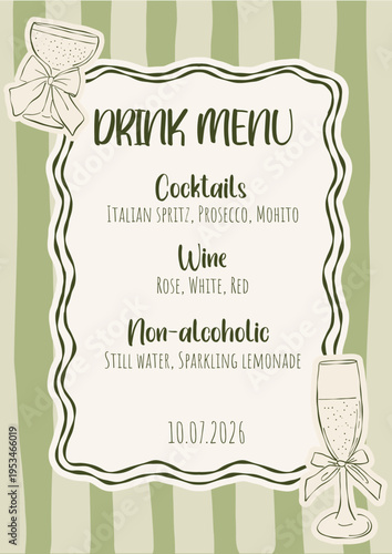 Simple vintage drink menu. Alcohol glasses decorated satin bows. Elegant hand drawn drink card for retro wedding. Vector illustration.