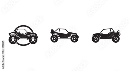 Black offroad vehicle icons with different views and a circular symbol  isolated on white background