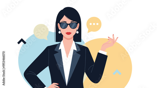 Stylish young woman wearing sunglasses and professional attire stands against a colorful background with abstract speech bubbles.