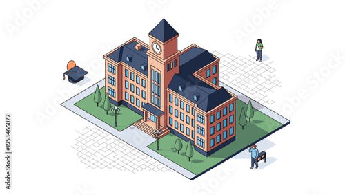 Isometric view of a classic brick school building surrounded by students, green trees, and a graduation cap floating in the air.