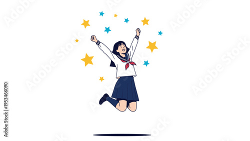 Cheerful japanese schoolgirl in a sailor uniform jumps with excitement surrounded by colorful yellow and blue stars on white.
