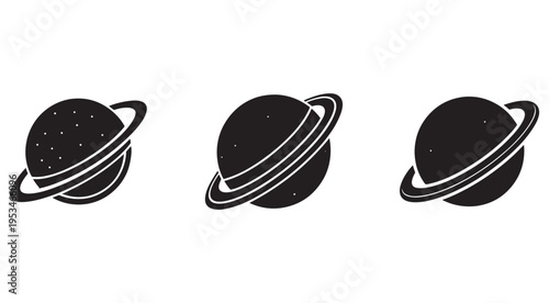 Black planet icons with rings in different positions  isolated on white background