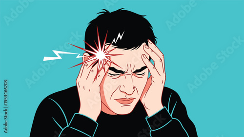 Illustration of a man suffering from an intense headache or migraine with red lightning symbols around his head to show pain.