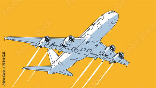 Large white commercial passenger jet takes off into the sky with visible contrails against a solid bright yellow background.