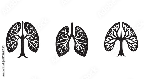 Black silhouettes of human lungs with branching airways  detailed anatomy illustrations