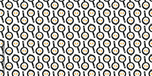 Frying pan with fried eggs seamless pattern for kitchen textile. Breakfast food pattern