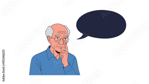 Elderly man with glasses and a thoughtful expression is shown with a dark speech bubble above him for adding custom text or ideas.